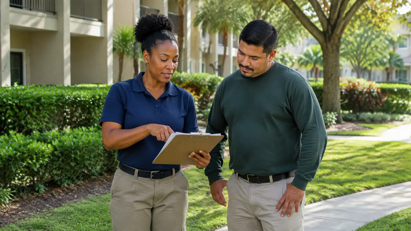Diverse grounds maintenance crew discussing a property checklist beside an apartment community landscape